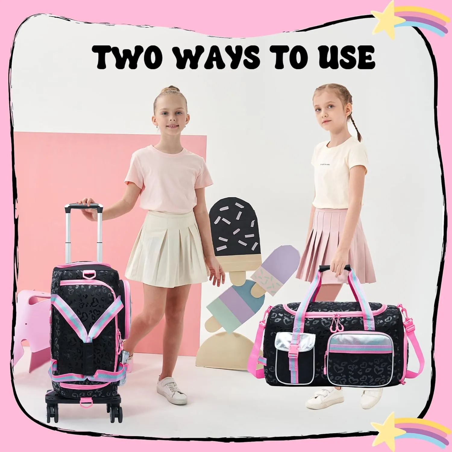 Kids Rolling Duffle Bag with Wheels for Girls Overnight Bag with Makeup Bag Dance Bag for Girls Travel Bag with Travel Toiletry Bag Girls Luggage Bag for Travel