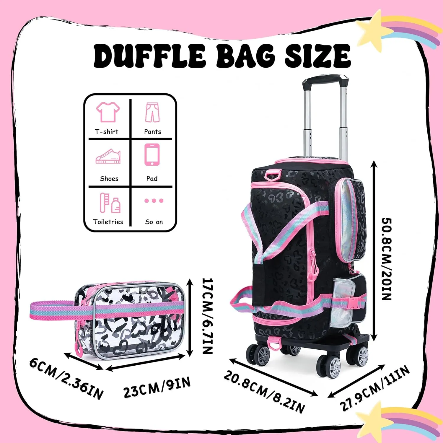 Kids Rolling Duffle Bag with Wheels for Girls Overnight Bag with Makeup Bag Dance Bag for Girls Travel Bag with Travel Toiletry Bag Girls Luggage Bag for Travel