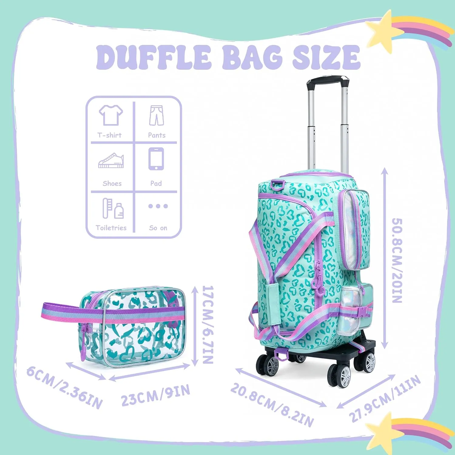 Kids Rolling Duffle Bag with Wheels for Girls - Travel Overnight Bag with Makeup and Toiletry Bag - Dance Bag for Women