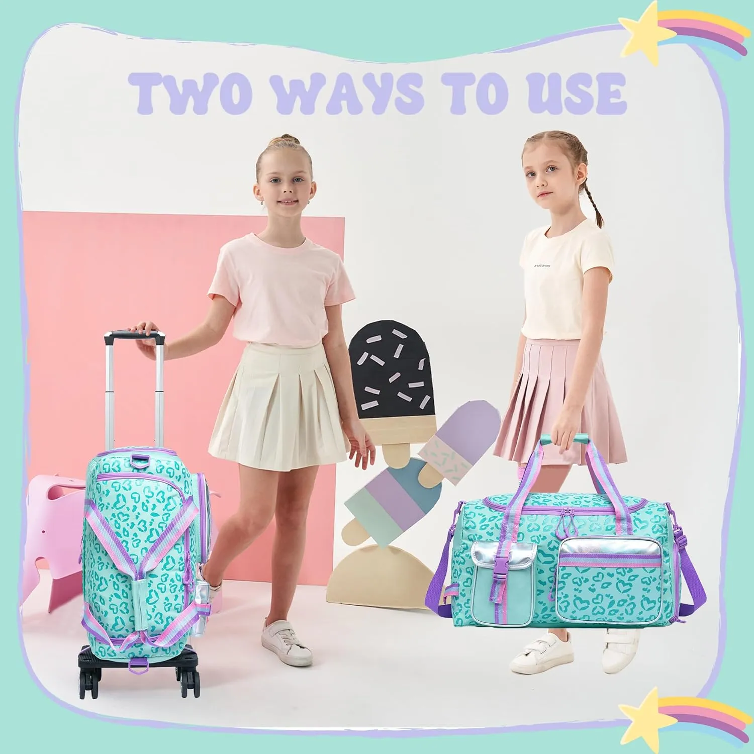 Kids Rolling Duffle Bag with Wheels for Girls - Travel Overnight Bag with Makeup and Toiletry Bag - Dance Bag for Women