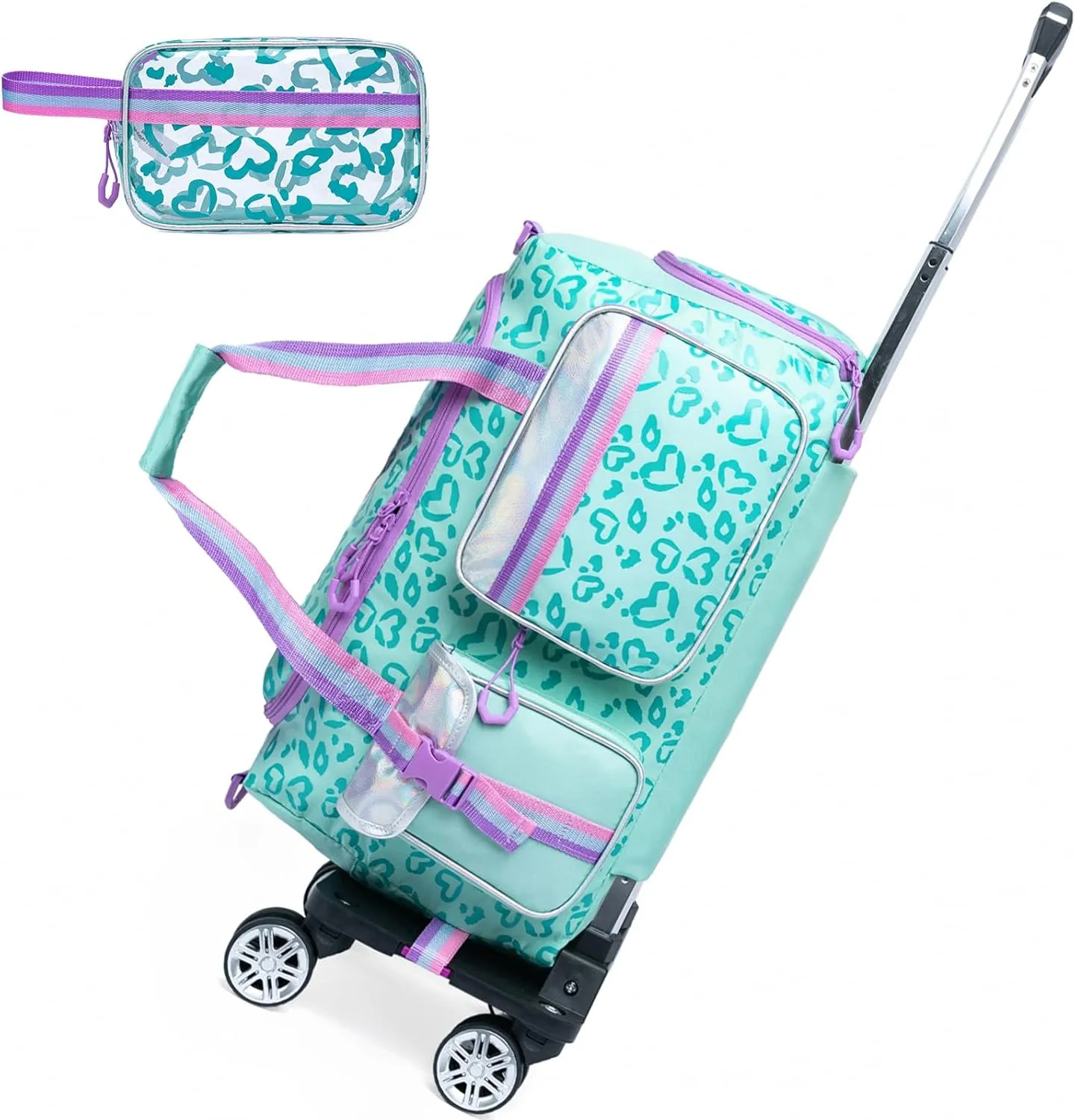 Kids Rolling Duffle Bag with Wheels for Girls - Travel Overnight Bag with Makeup and Toiletry Bag - Dance Bag for Women