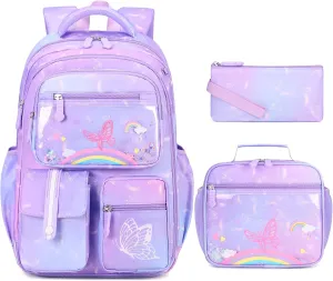 Kids School Backpack for Girls, Butterfly Theme, Purple, Medium Size, Laptop Backpack with Insulated Lunch Bag & Pencil Pouch Set for Girls Kids Teens Elementary Middle School Student