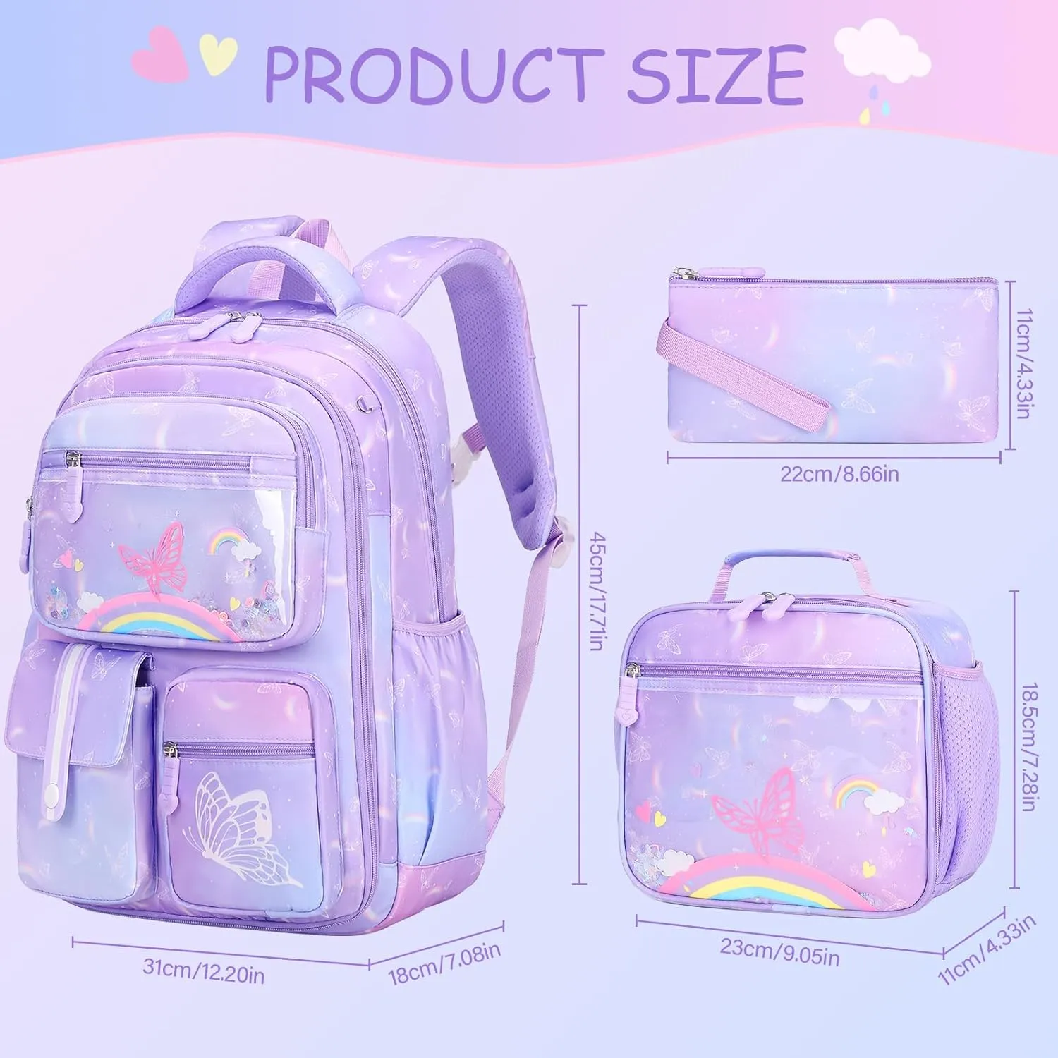 Kids School Backpack for Girls, Butterfly Theme, Purple, Medium Size, Laptop Backpack with Insulated Lunch Bag & Pencil Pouch Set for Girls Kids Teens Elementary Middle School Student