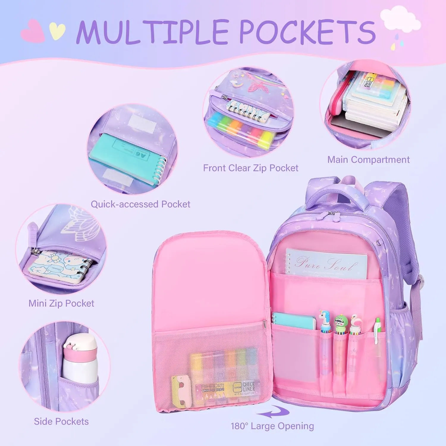 Kids School Backpack for Girls, Butterfly Theme, Purple, Medium Size, Laptop Backpack with Insulated Lunch Bag & Pencil Pouch Set for Girls Kids Teens Elementary Middle School Student
