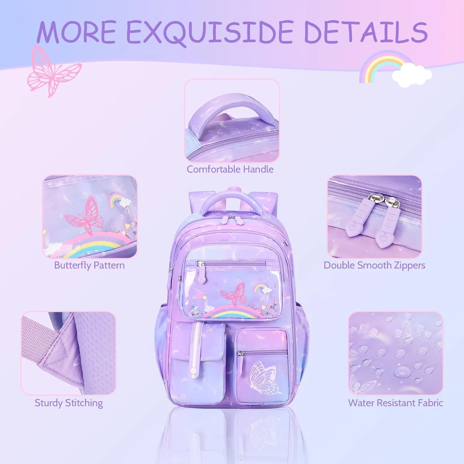 Kids School Backpack for Girls, Butterfly Theme, Purple, Medium Size, Laptop Backpack with Insulated Lunch Bag & Pencil Pouch Set for Girls Kids Teens Elementary Middle School Student