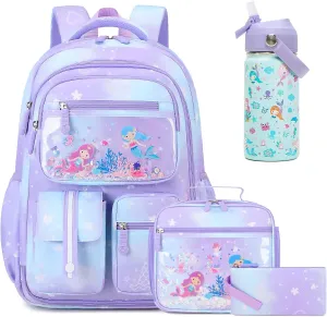 Kids School Backpack for Girls, Mermaids Bookbag Backpack with 14OZ Water Bottle, Lunch Bag Set for GirlsTeens Middle Student, Girls Backpack for School (4pcs Water Bottle)