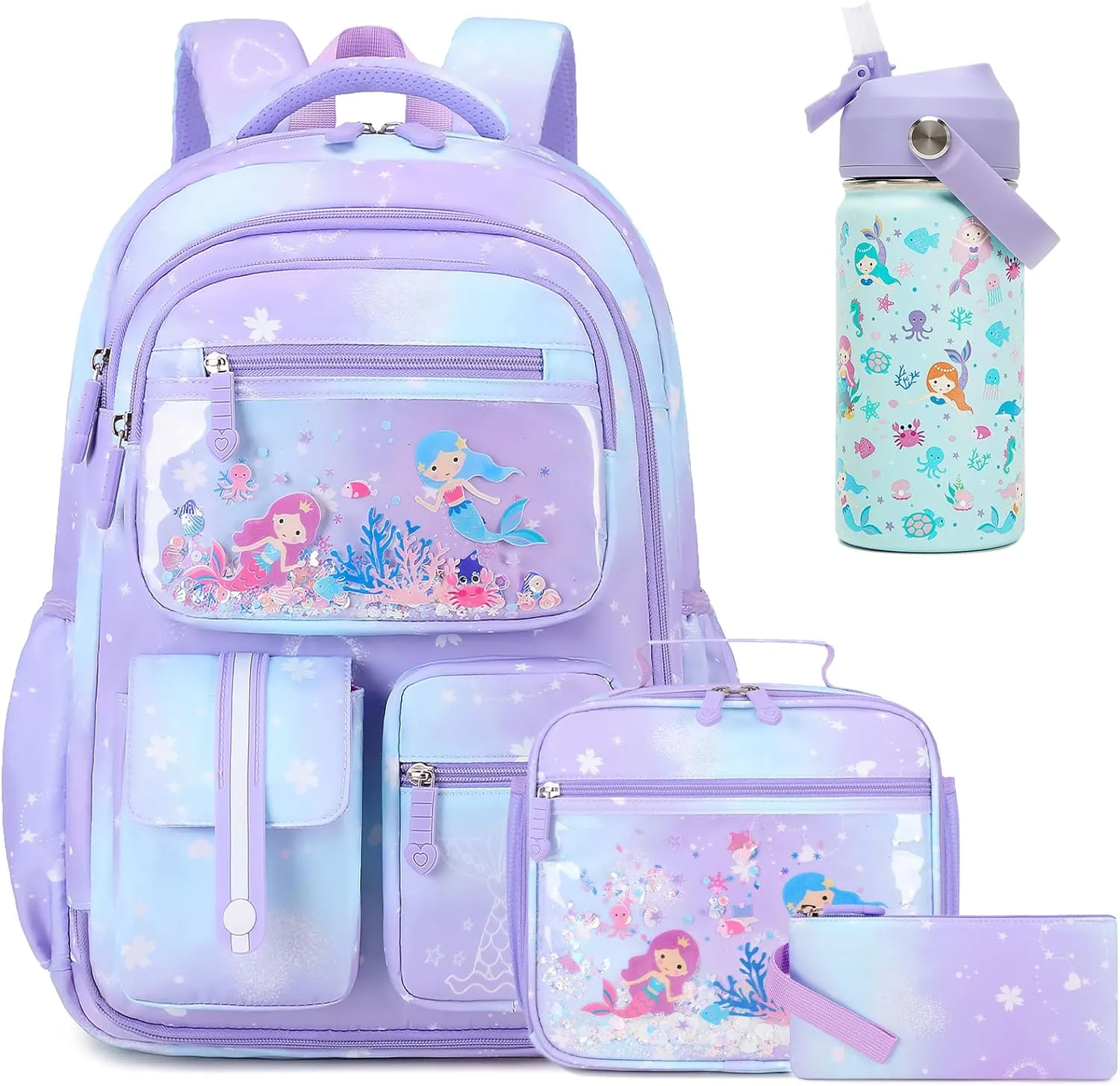 Kids School Backpack for Girls, Mermaids Bookbag Backpack with 14OZ Water Bottle, Lunch Bag Set for GirlsTeens Middle Student, Girls Backpack for School (4pcs Water Bottle)