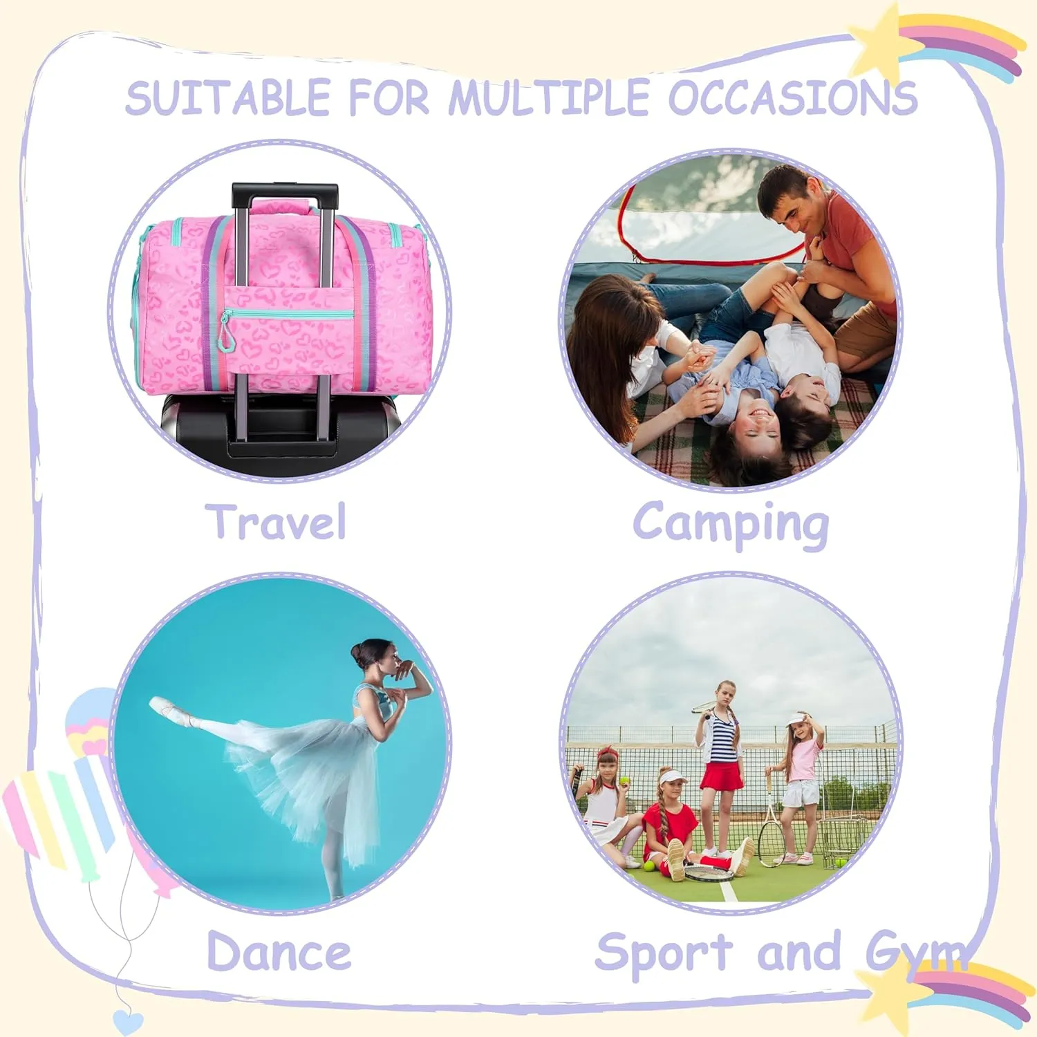 Kids Travel Bags for Girls Duffle Bag Kids Weekender Bags for Girls Dance Bag with Makeup Bag Kids Gym Bag with Toiletry Bag Girls Overnight Bag with Shoes Compartment