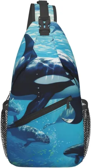 Killer Whales Swim Along print Crossbody bag, stylish unisex outdoor bag, multi-functional fashion accessories