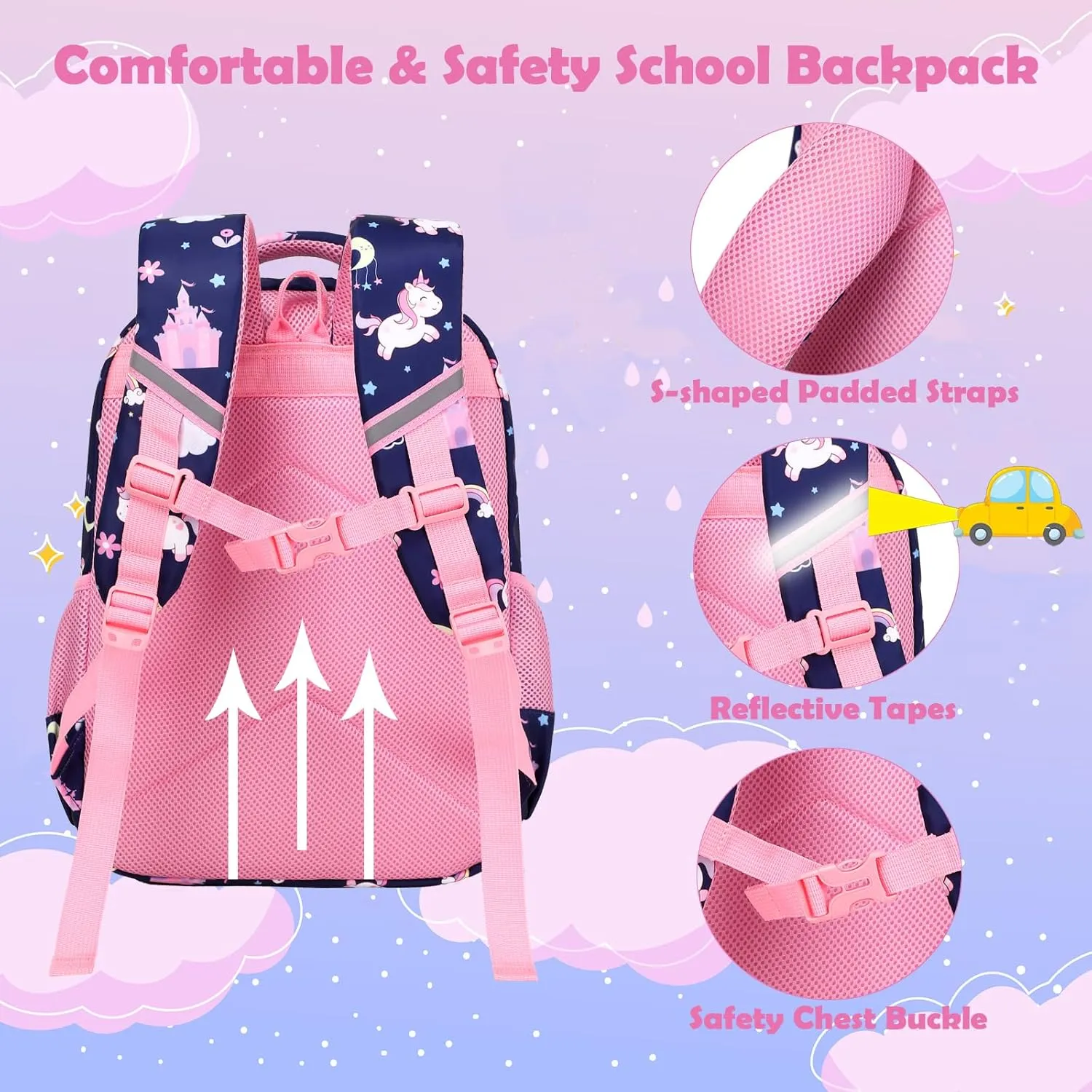 Kimwadalh Girls Backpack with Lunch Box Pencil Case for Elementary School, 3 in 1 Schoolbag with Chest Strap for School Girls