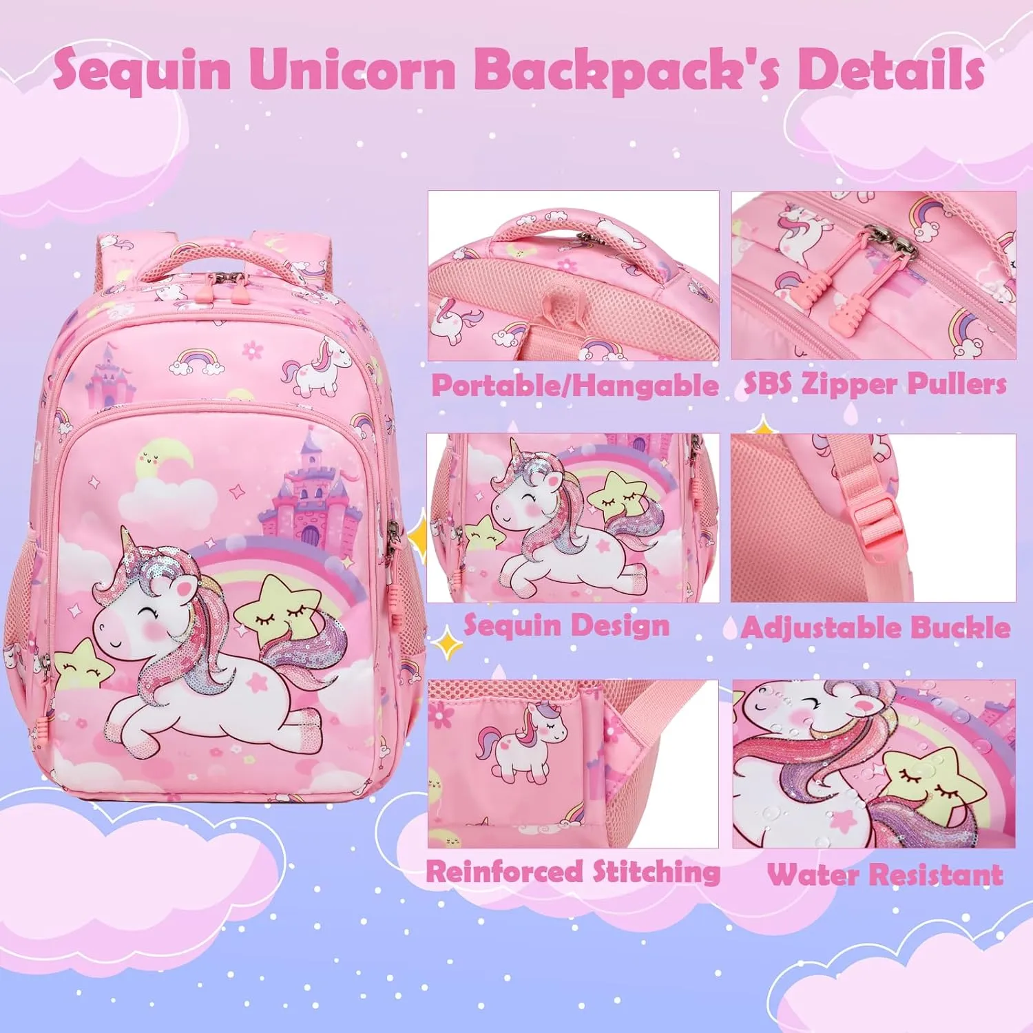 Kimwadalh Girls Backpack with Lunch Box Pencil Case for Elementary School, 3 in 1 Schoolbag with Chest Strap for School Girls