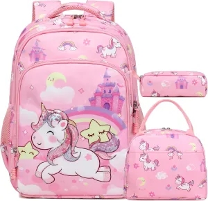 Kimwadalh Girls Backpack with Lunch Box Pencil Case for Elementary School, 3 in 1 Schoolbag with Chest Strap for School Girls