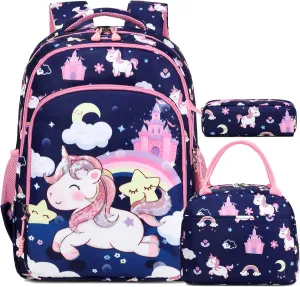Kimwadalh Girls Backpack with Lunch Box Pencil Case for Elementary School, 3 in 1 Schoolbag with Chest Strap for School Girls