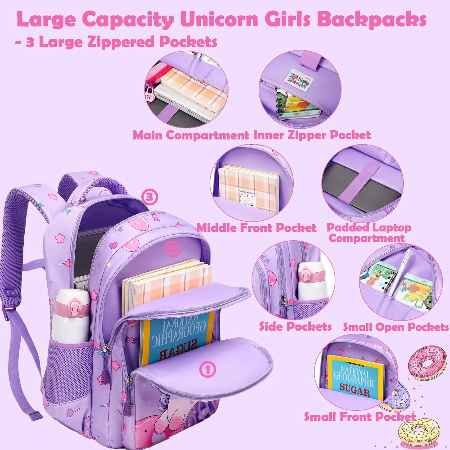 Kimwadalh Girls Backpack with Lunch Box Pencil Case for Elementary School, 3 in 1 Schoolbag with Chest Strap for School Girls
