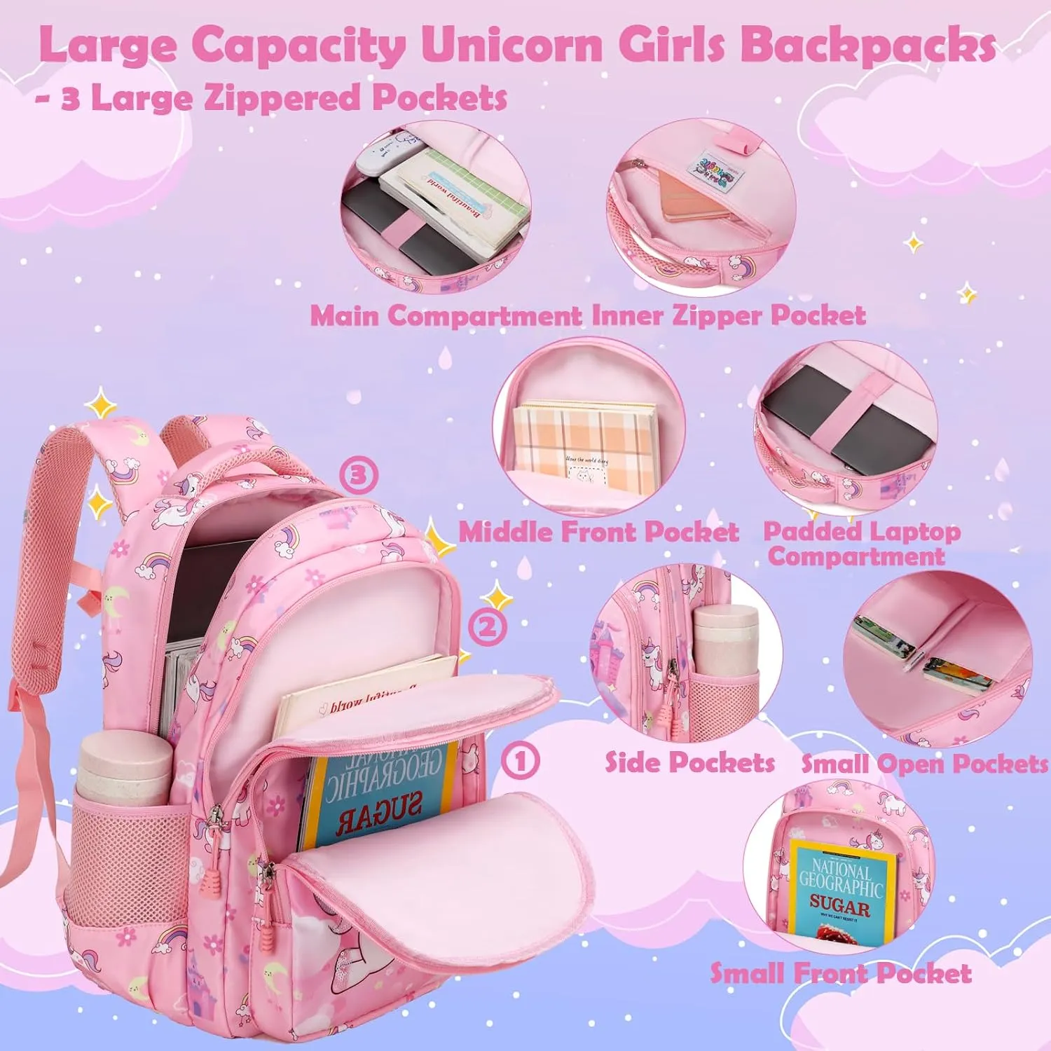 Kimwadalh Girls Backpack with Lunch Box Pencil Case for Elementary School, 3 in 1 Schoolbag with Chest Strap for School Girls
