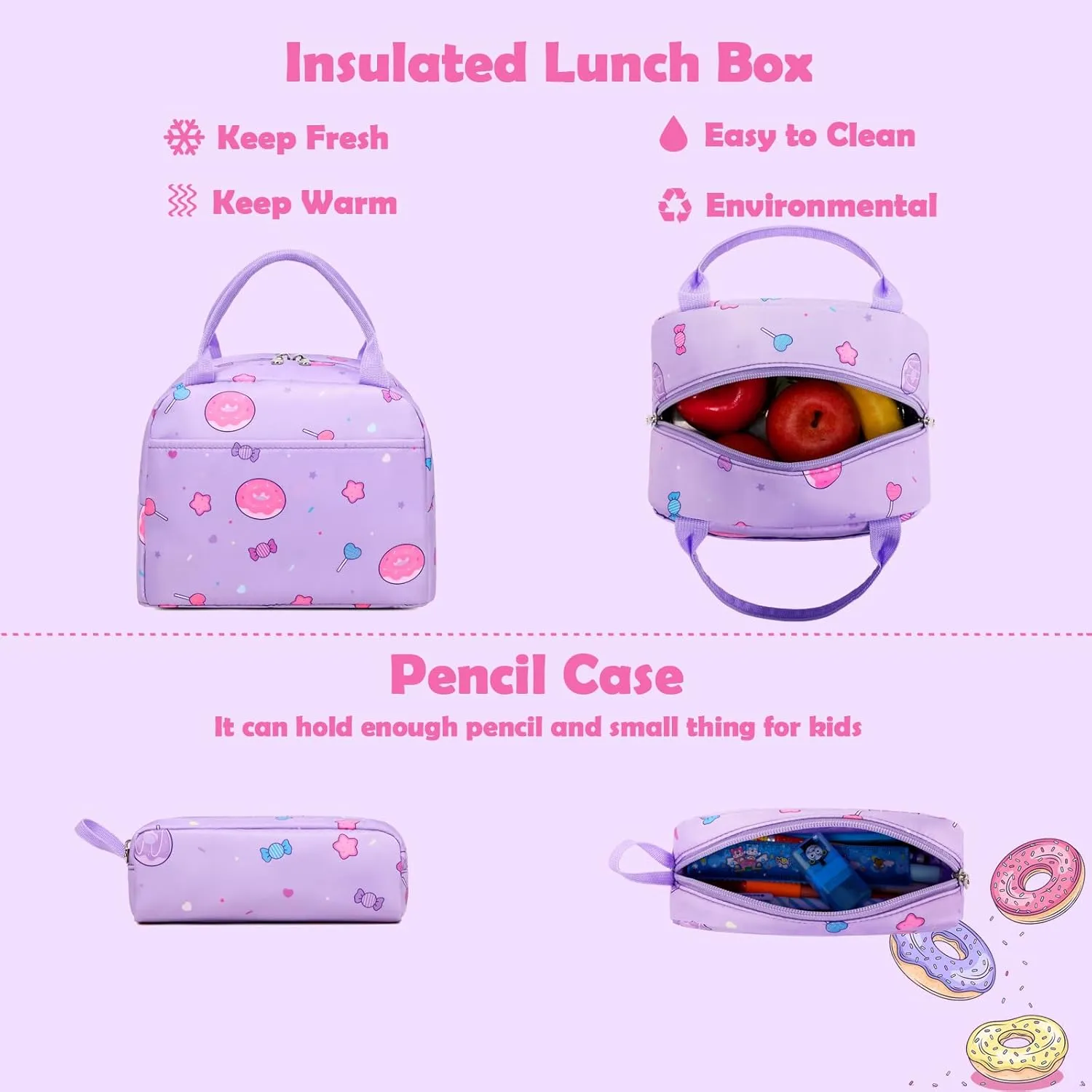 Kimwadalh Girls Backpack with Lunch Box Pencil Case for Elementary School, 3 in 1 Schoolbag with Chest Strap for School Girls