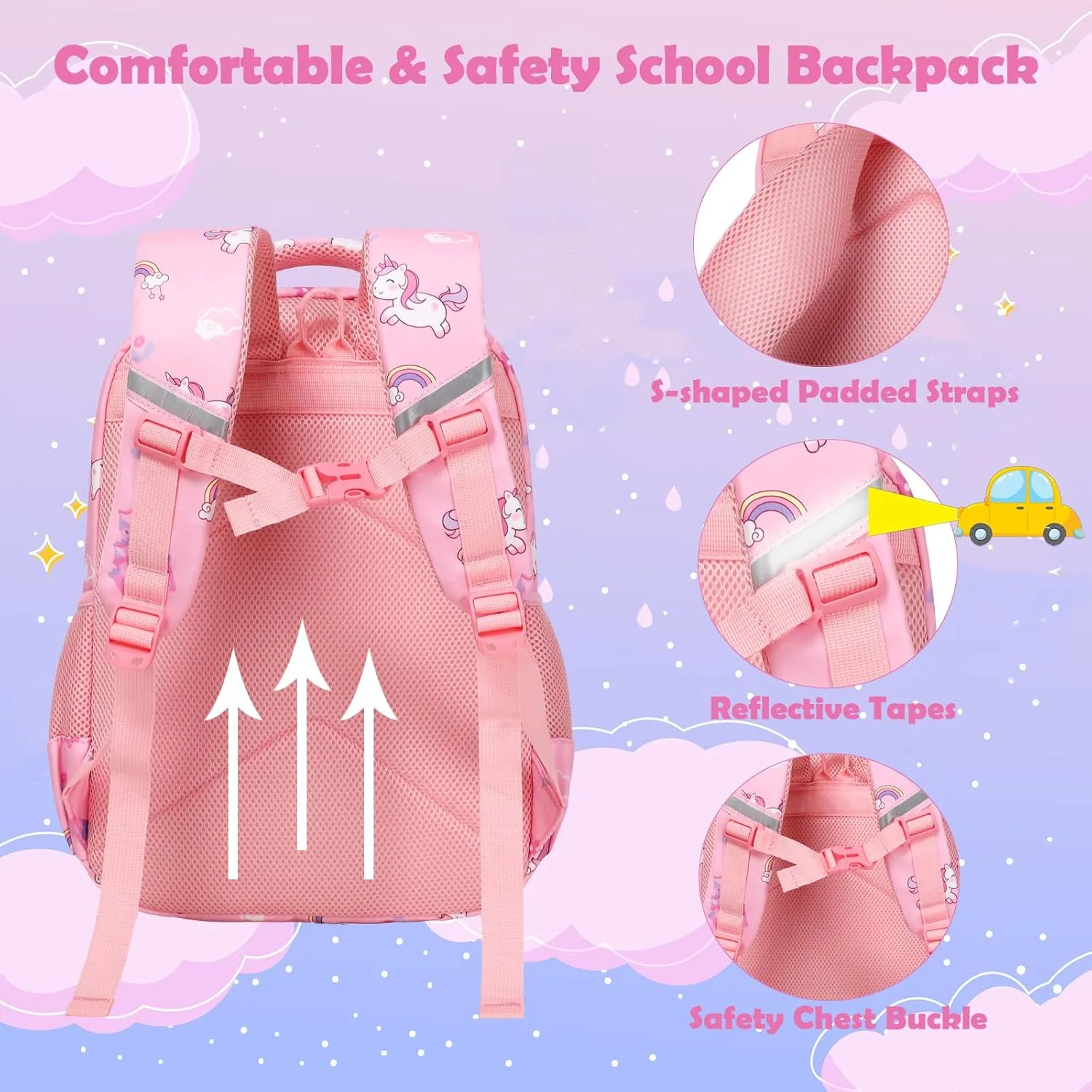 Kimwadalh Girls Backpack with Lunch Box Pencil Case for Elementary School, 3 in 1 Schoolbag with Chest Strap for School Girls