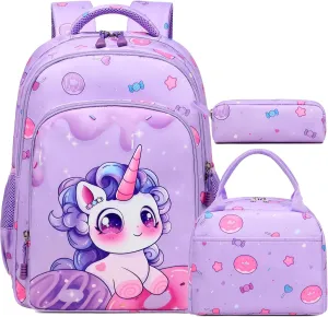 Kimwadalh Girls Backpack with Lunch Box Pencil Case for Elementary School, 3 in 1 Schoolbag with Chest Strap for School Girls