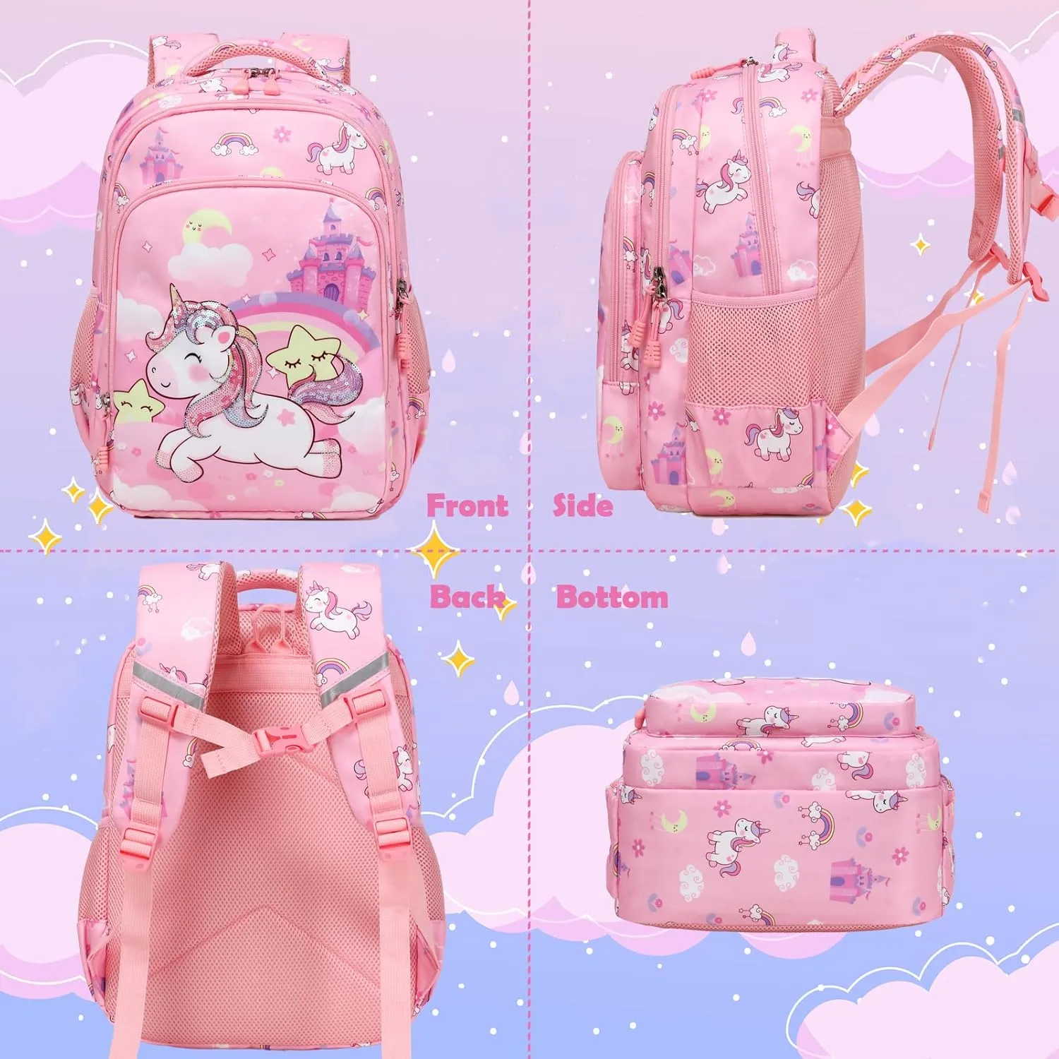 Kimwadalh Girls Backpack with Lunch Box Pencil Case for Elementary School, 3 in 1 Schoolbag with Chest Strap for School Girls