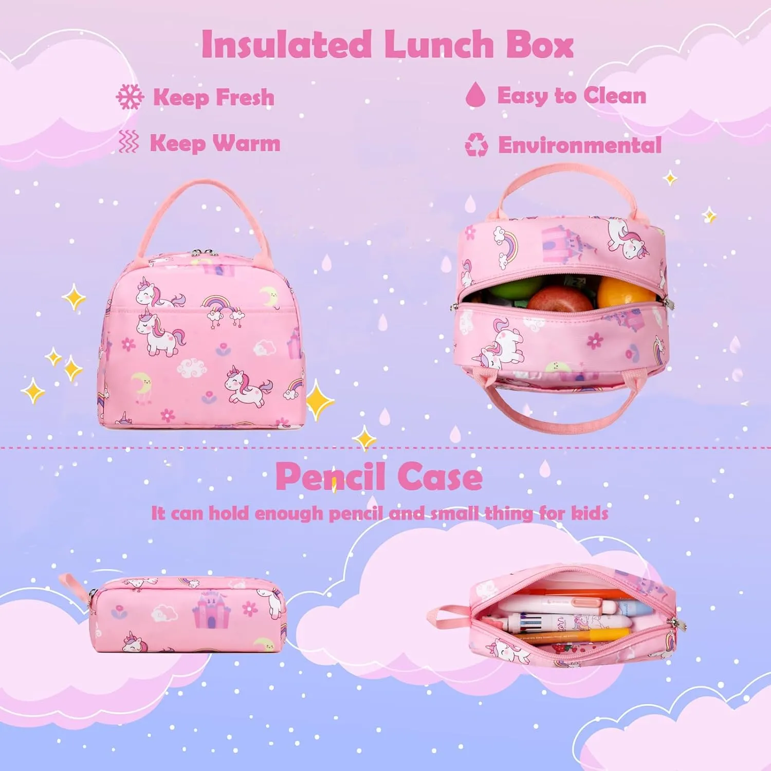 Kimwadalh Girls Backpack with Lunch Box Pencil Case for Elementary School, 3 in 1 Schoolbag with Chest Strap for School Girls