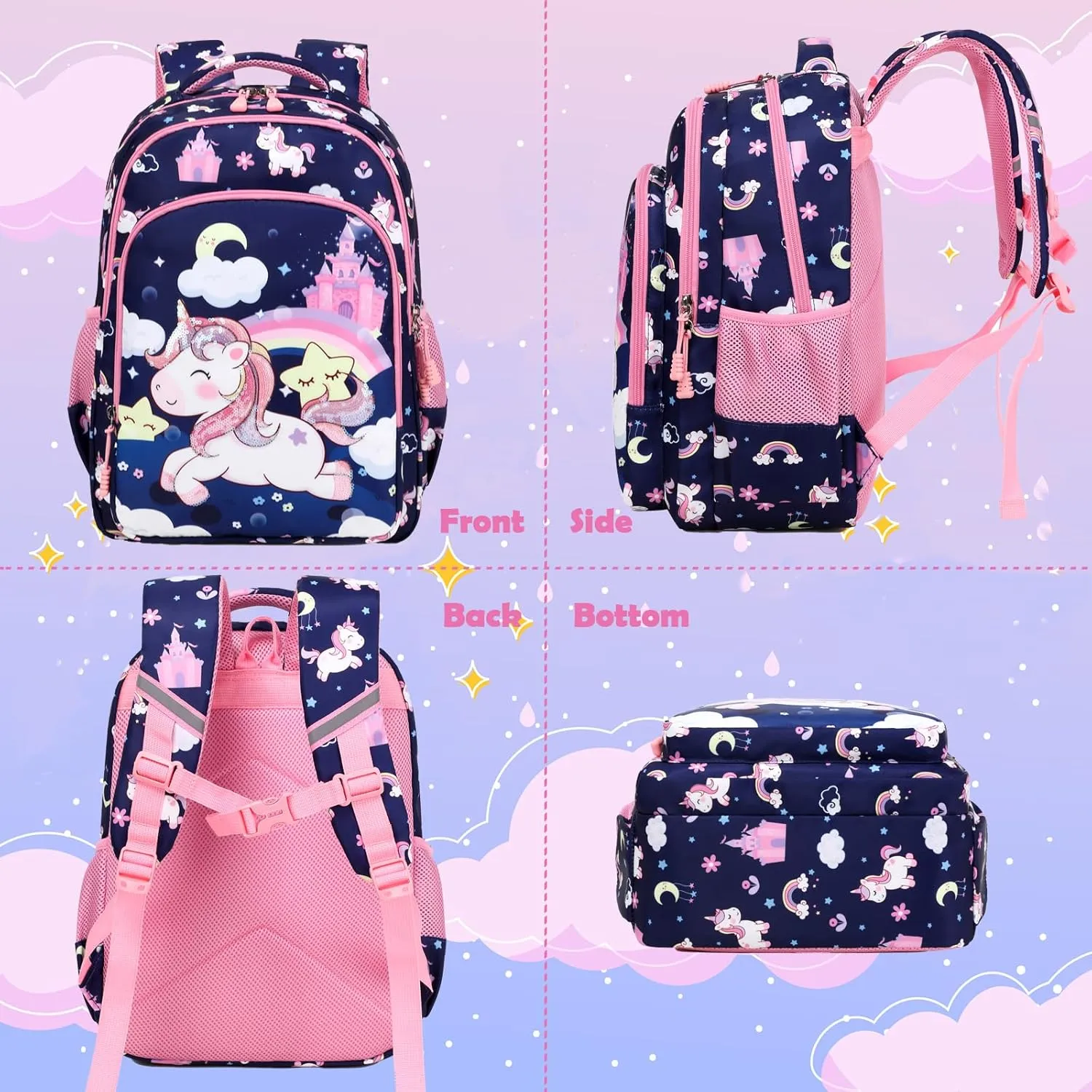 Kimwadalh Girls Backpack with Lunch Box Pencil Case for Elementary School, 3 in 1 Schoolbag with Chest Strap for School Girls