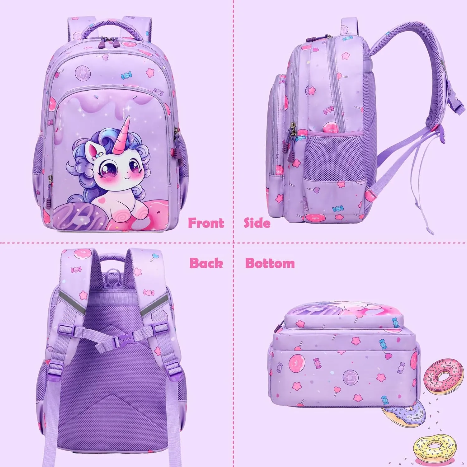 Kimwadalh Girls Backpack with Lunch Box Pencil Case for Elementary School, 3 in 1 Schoolbag with Chest Strap for School Girls
