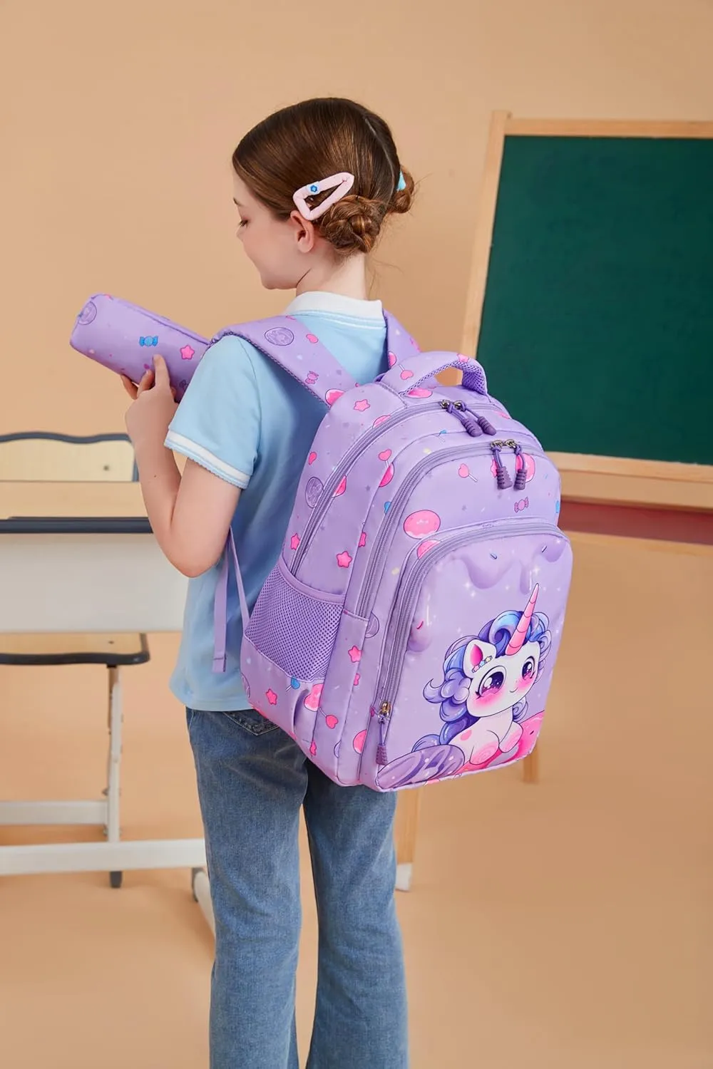 Kimwadalh Girls Backpack with Lunch Box Pencil Case for Elementary School, 3 in 1 Schoolbag with Chest Strap for School Girls