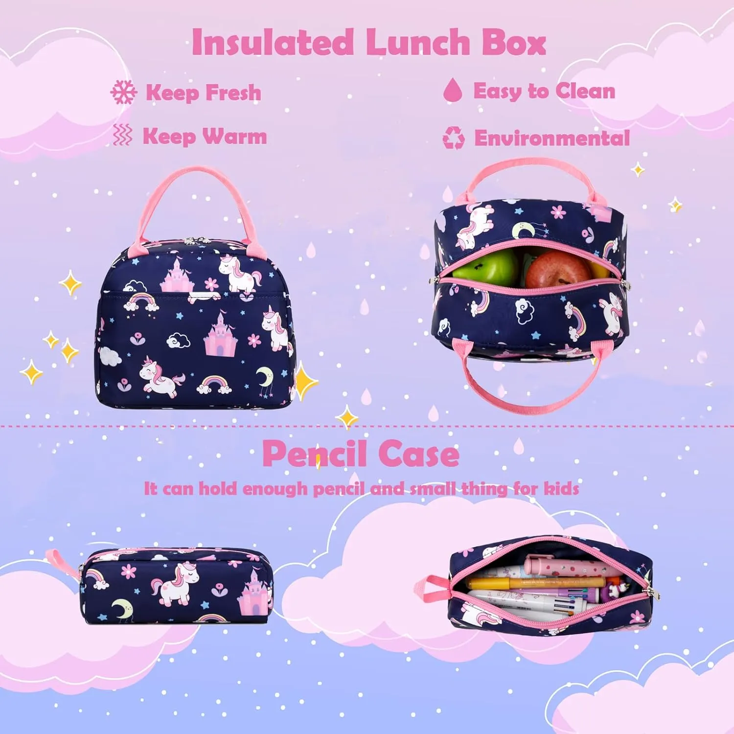 Kimwadalh Girls Backpack with Lunch Box Pencil Case for Elementary School, 3 in 1 Schoolbag with Chest Strap for School Girls