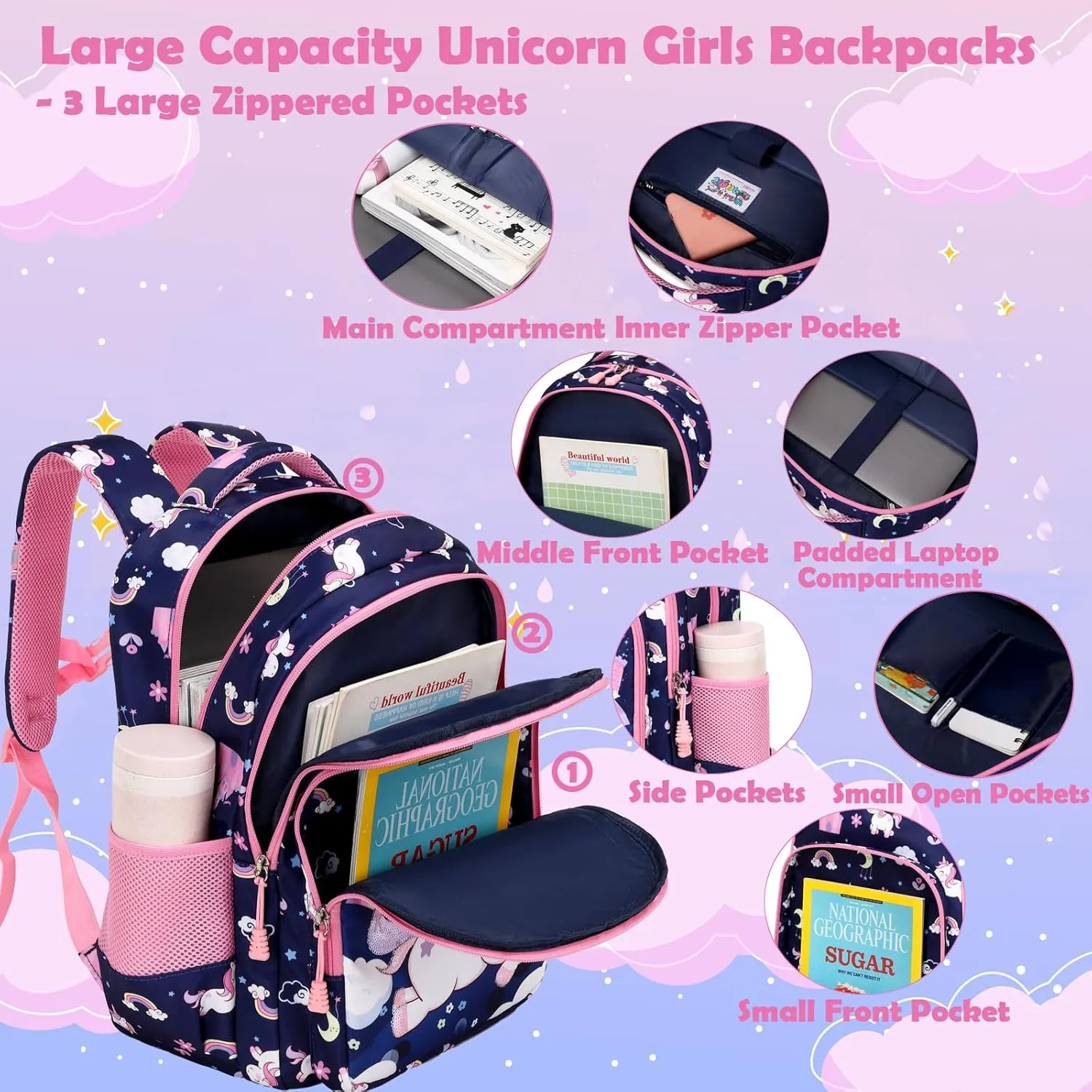 Kimwadalh Girls Backpack with Lunch Box Pencil Case for Elementary School, 3 in 1 Schoolbag with Chest Strap for School Girls