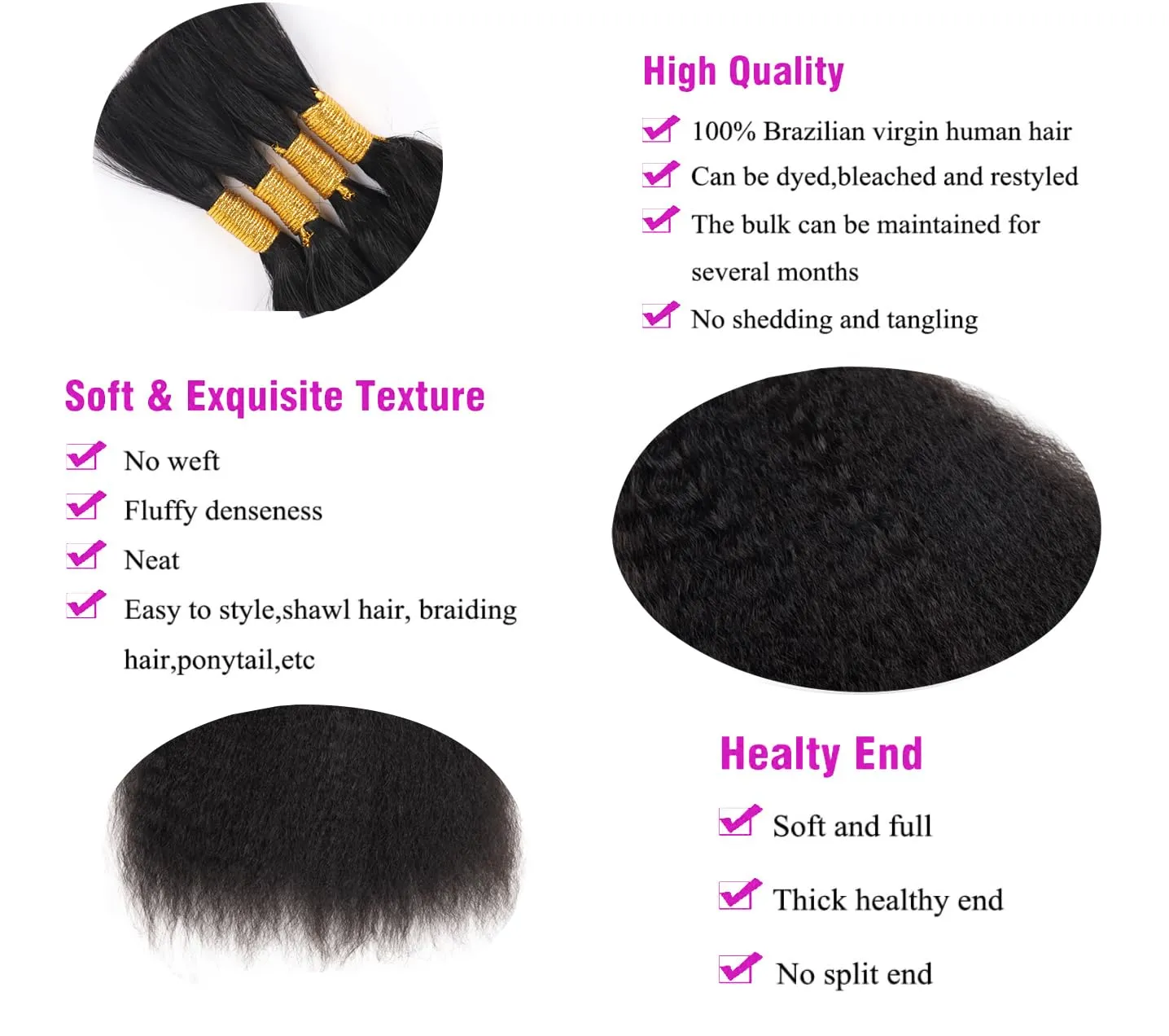 Kinky Straight Human Braiding Hair No Weft 100g (1Pack-4PCS) Wet and Wavy Bulk Human Hair For Boho Braids Yaki Straight For Micro Braiding (Kinky Straight, 22 Inch)
