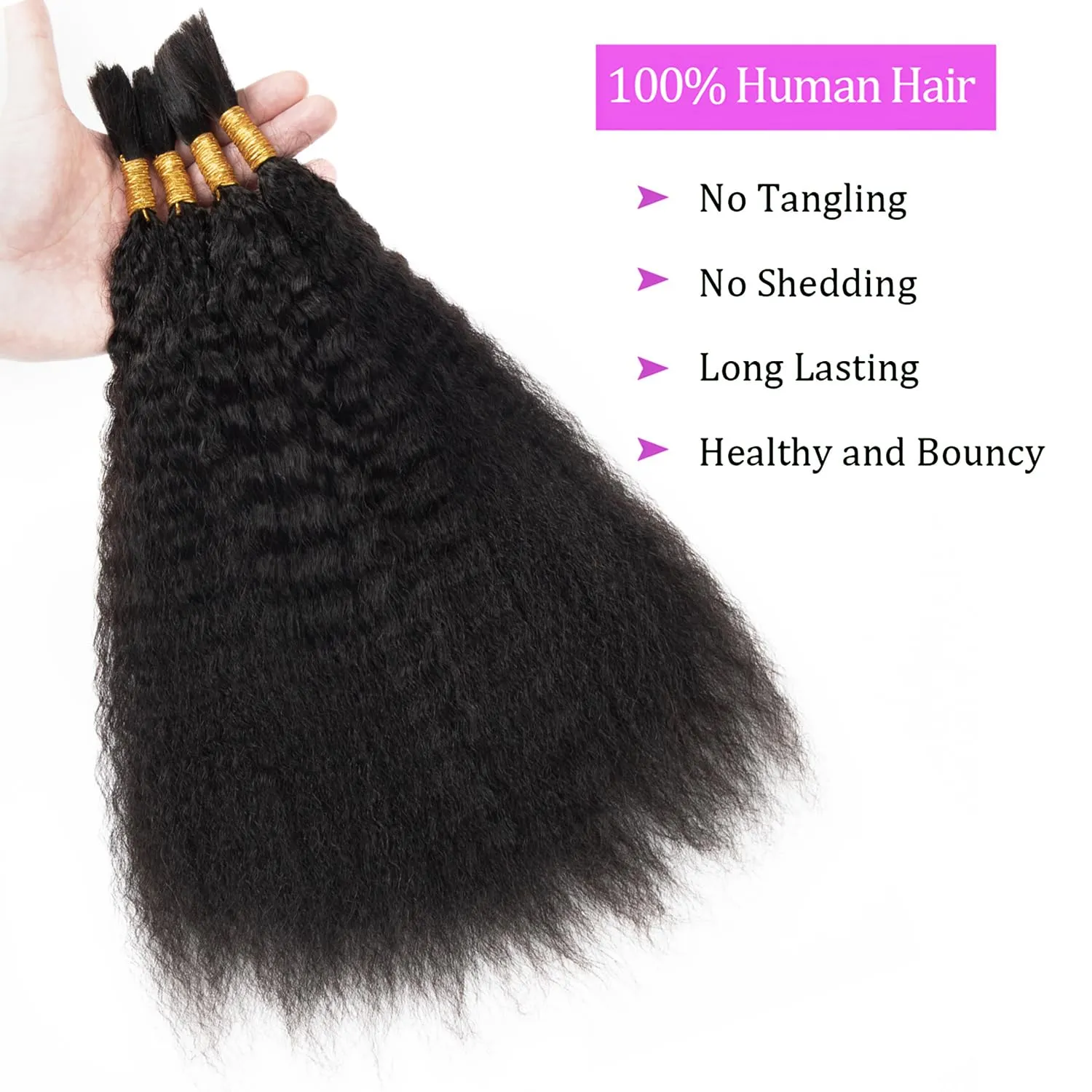 Kinky Straight Human Braiding Hair No Weft 100g (1Pack-4PCS) Wet and Wavy Bulk Human Hair For Boho Braids Yaki Straight For Micro Braiding (Kinky Straight, 22 Inch)