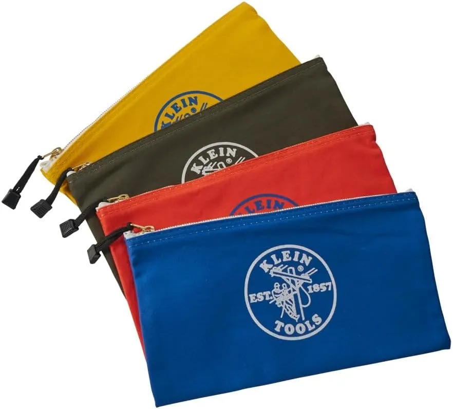 Klein Tools 5140 Canvas Zipper Bag, Tool Pouch, Bank Deposit Utility Bag, 12.5 x 7-Inch, Olive/Orange/Blue/Yellow 4-Pack