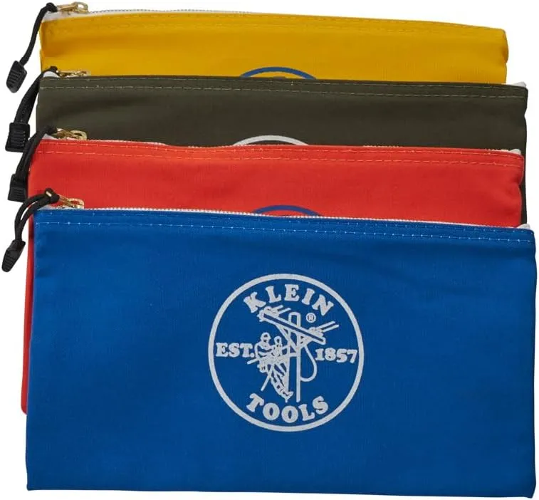 Klein Tools 5140 Canvas Zipper Bag, Tool Pouch, Bank Deposit Utility Bag, 12.5 x 7-Inch, Olive/Orange/Blue/Yellow 4-Pack