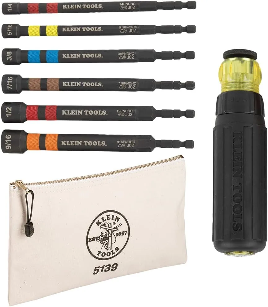 Klein Tools 80182 Ratcheting Impact-Rated Hollow Power Nut Driver Set with Handle, Magnetic, 6 SAE Hex Sizes plus Zipper Canvas Tool Bag, 12.5 x 7 x 0.7-Inch 8-Piece