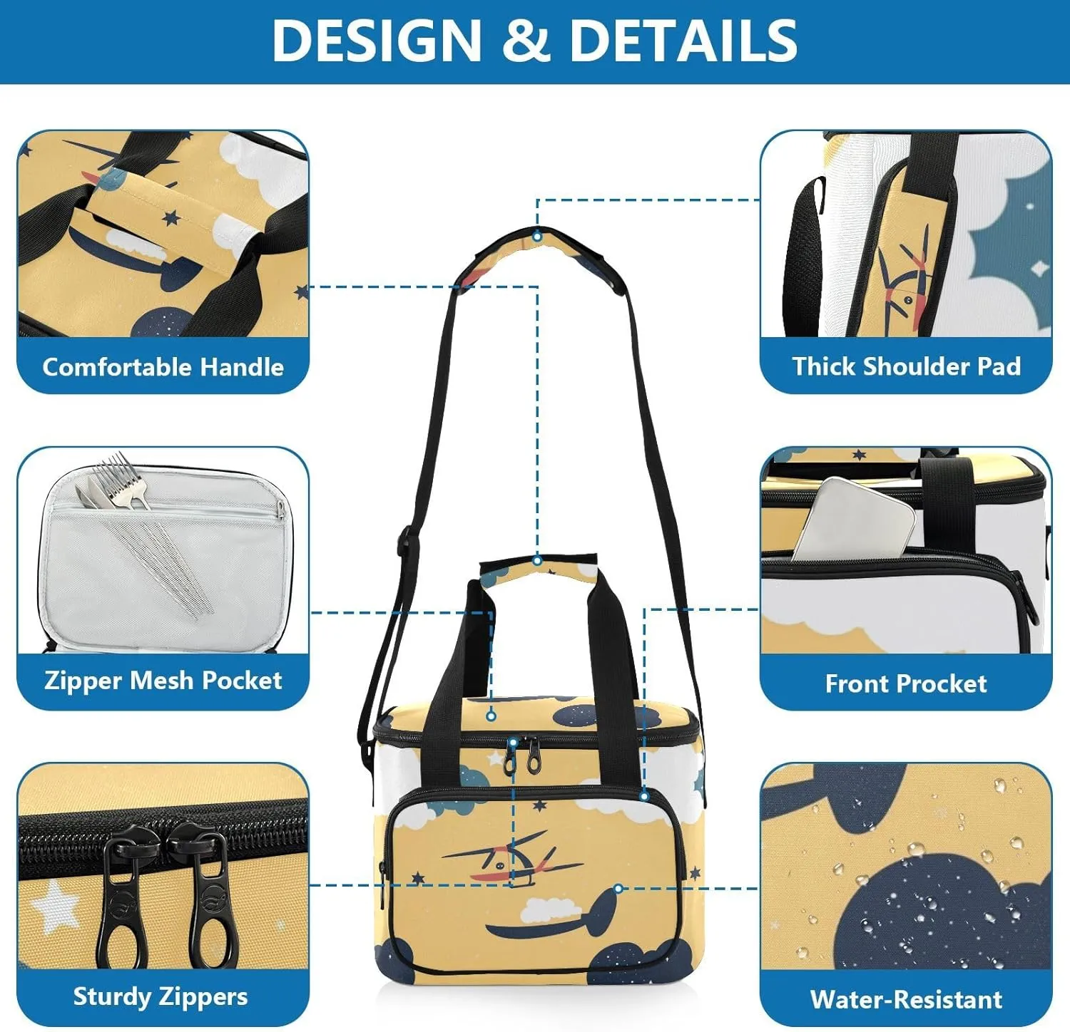 KLL Helicopter Stars Cloud Yellow Large Capacity Lunch Bag Thermal Crossbody Lunch Bag for Woman