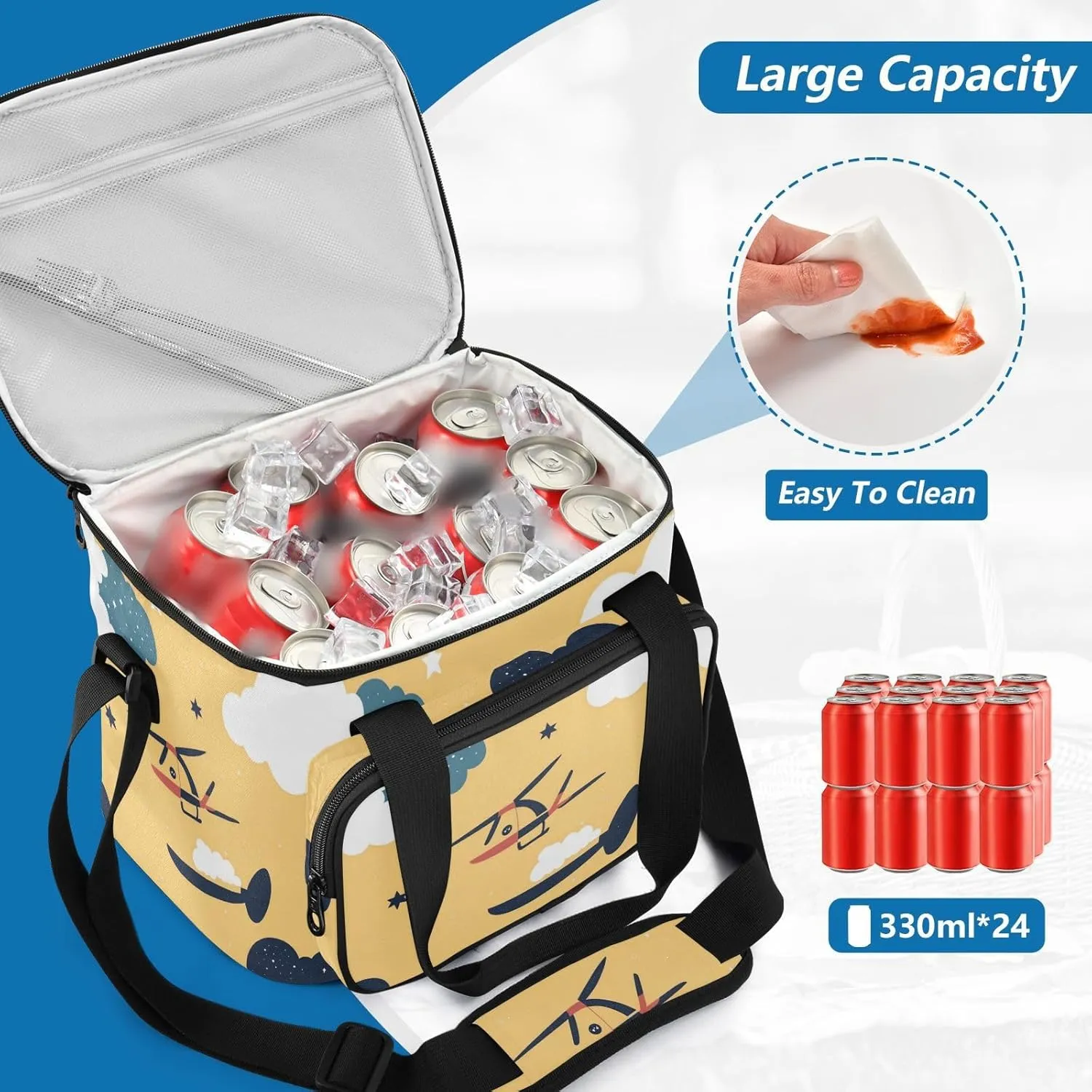 KLL Helicopter Stars Cloud Yellow Large Capacity Lunch Bag Thermal Crossbody Lunch Bag for Woman