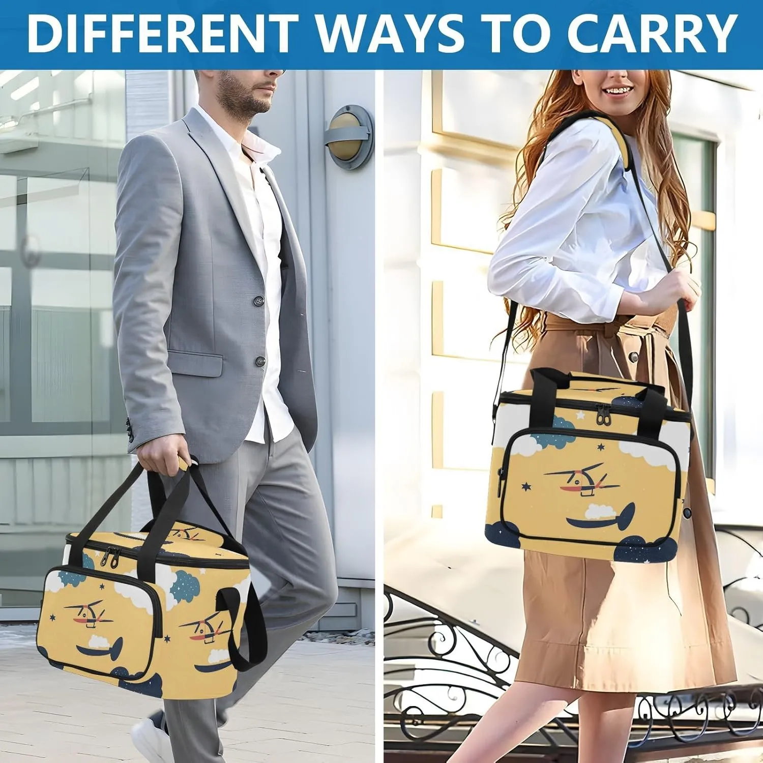 KLL Helicopter Stars Cloud Yellow Large Capacity Lunch Bag Thermal Crossbody Lunch Bag for Woman