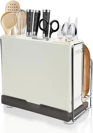 Knife Holder, Knife Block Multifunctional Large Capacity with Cutting Board Organizer, Kitchen Knife Block Utensil Stand Storage for Countertop Kitchen (White)