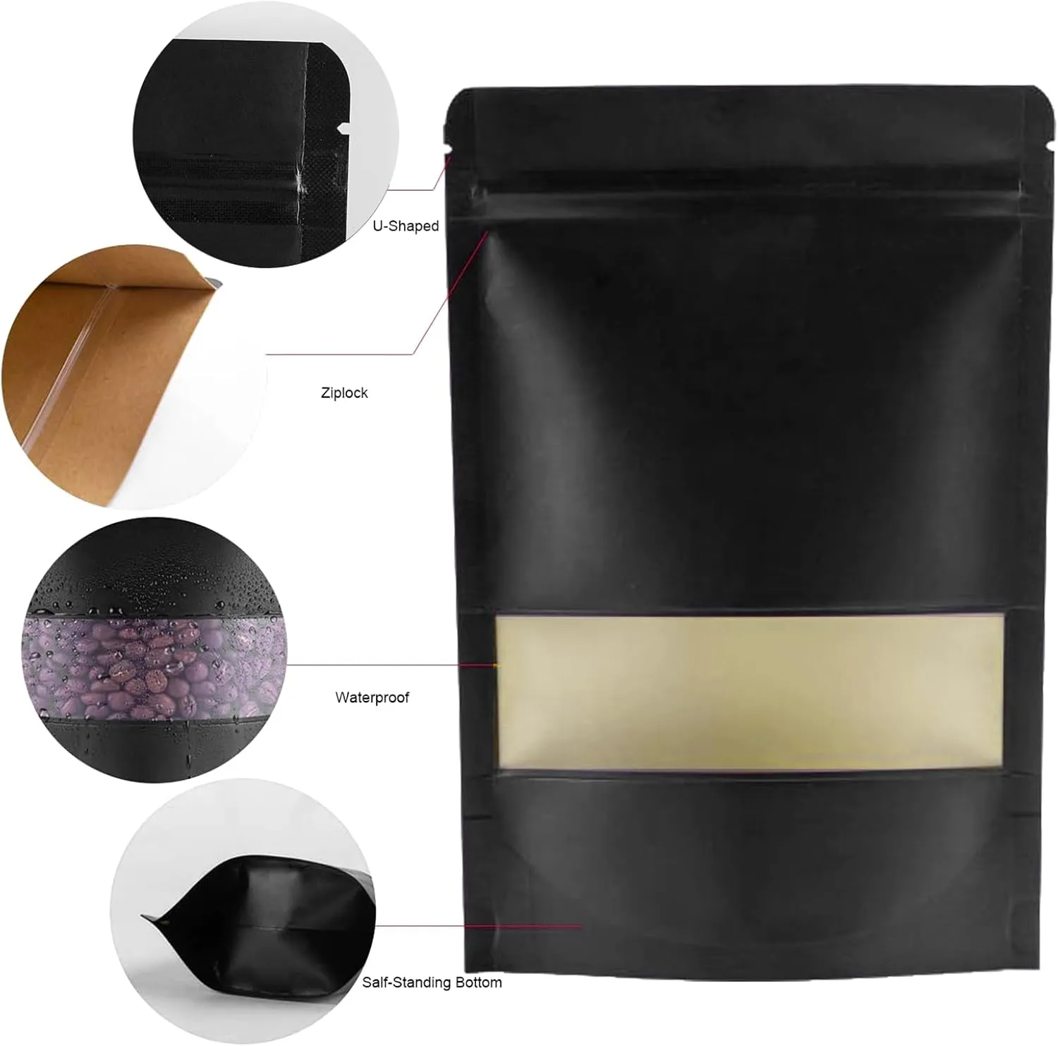 Kraft 100pcs Reusable Resealable Bags, 5.9"x8.6", Windowed & Stand Up, Ideal for Coffee, Beef Jerky & Wax Melts