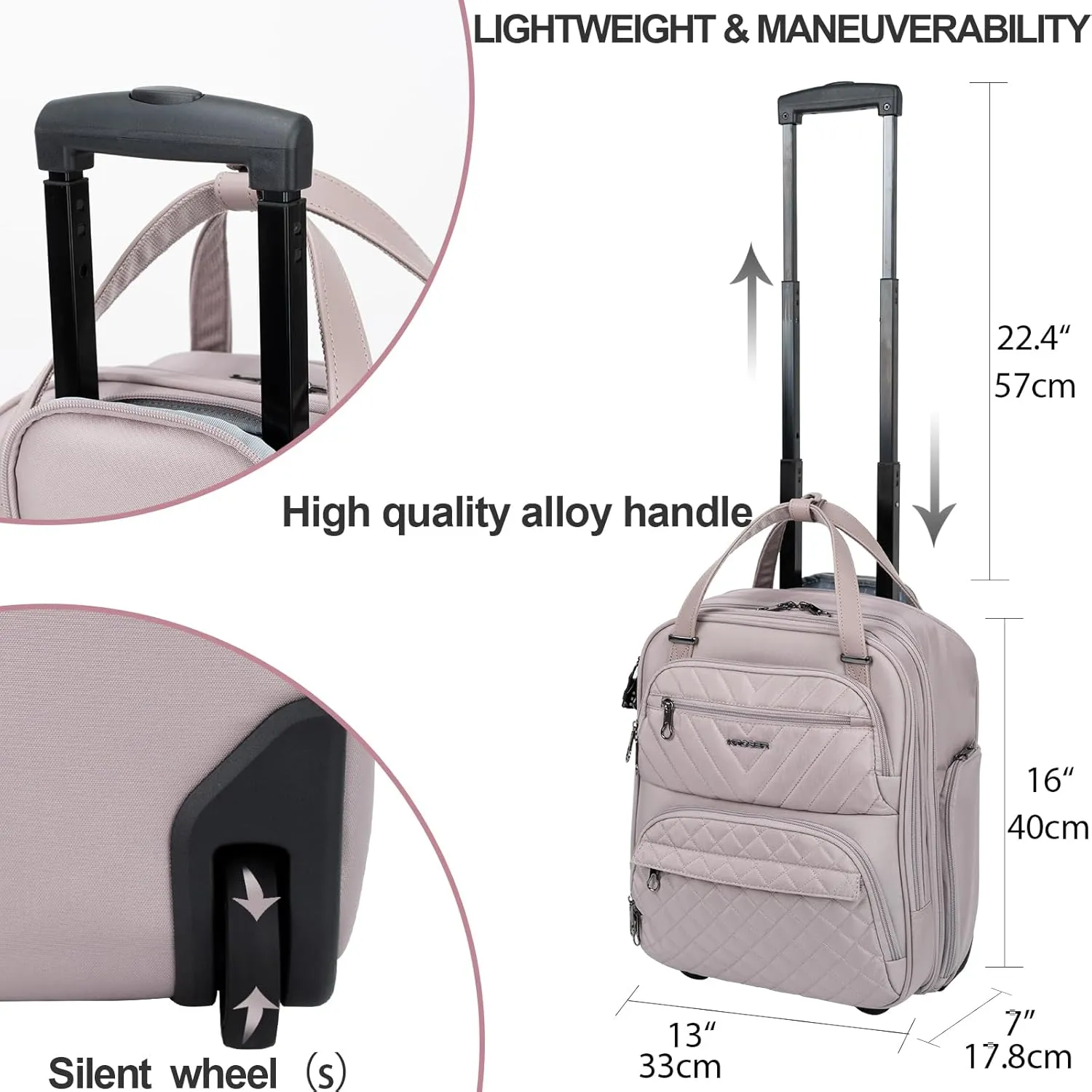 KROSER Carry On Underseat Multi-functional, 16-inch Underseater Lightweight Overnight Suitcase for Women, Dusty Pink