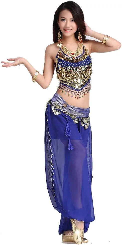Lady's Belly Dance Chiffon Banadge Top and Lantern Coins Pants