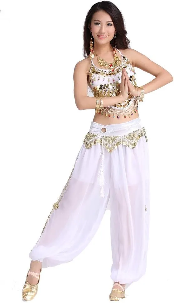 Lady's Belly Dance Chiffon Banadge Top and Lantern Coins Pants