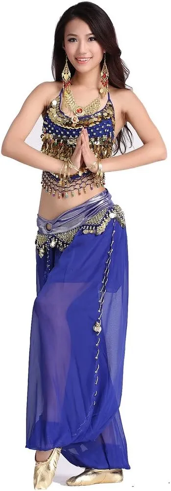 Lady's Belly Dance Chiffon Banadge Top and Lantern Coins Pants