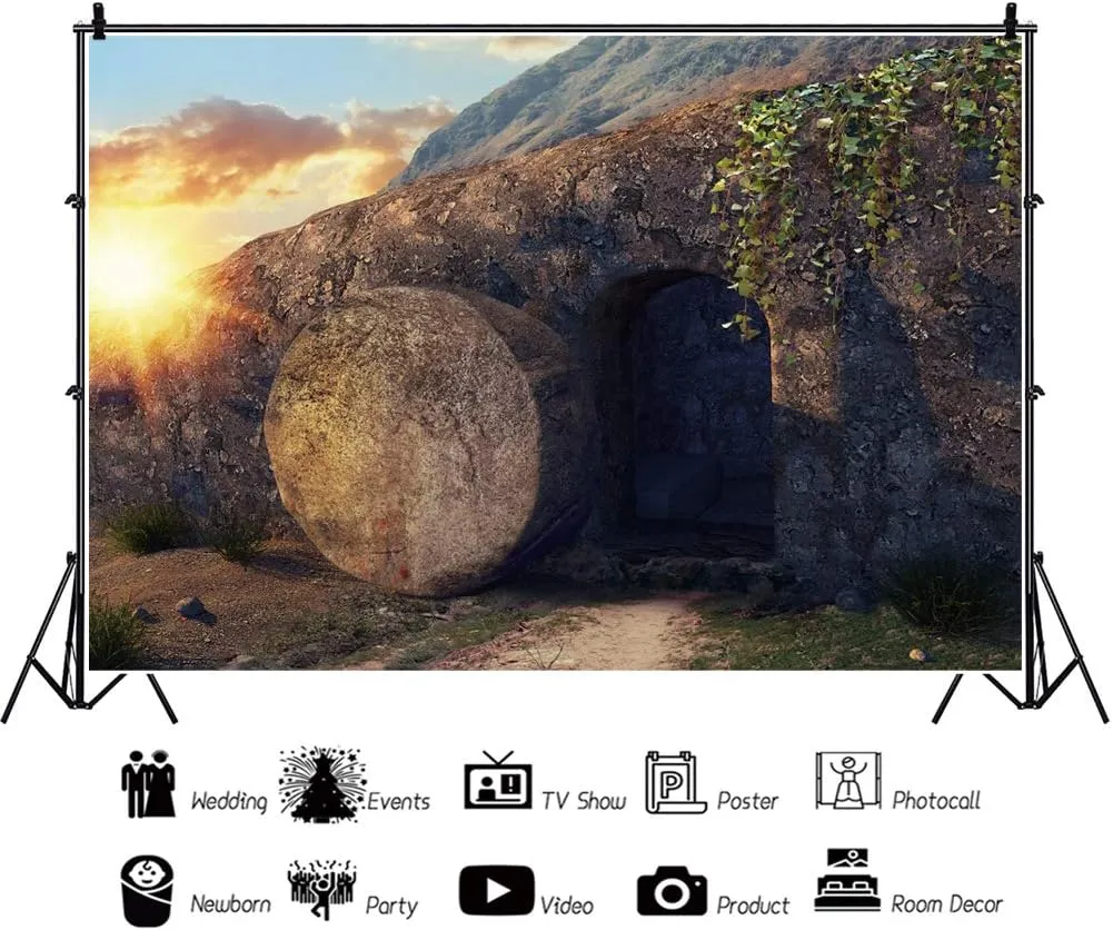 Laeacco Jesus is Risen Backdrop 7x5ft Crucifixion at Sunrise Photography Background Stone Tomb Nature Scenery Mountain Morning Clouds Christianity Bible Pary Holy Night Photo Prop Studio Video