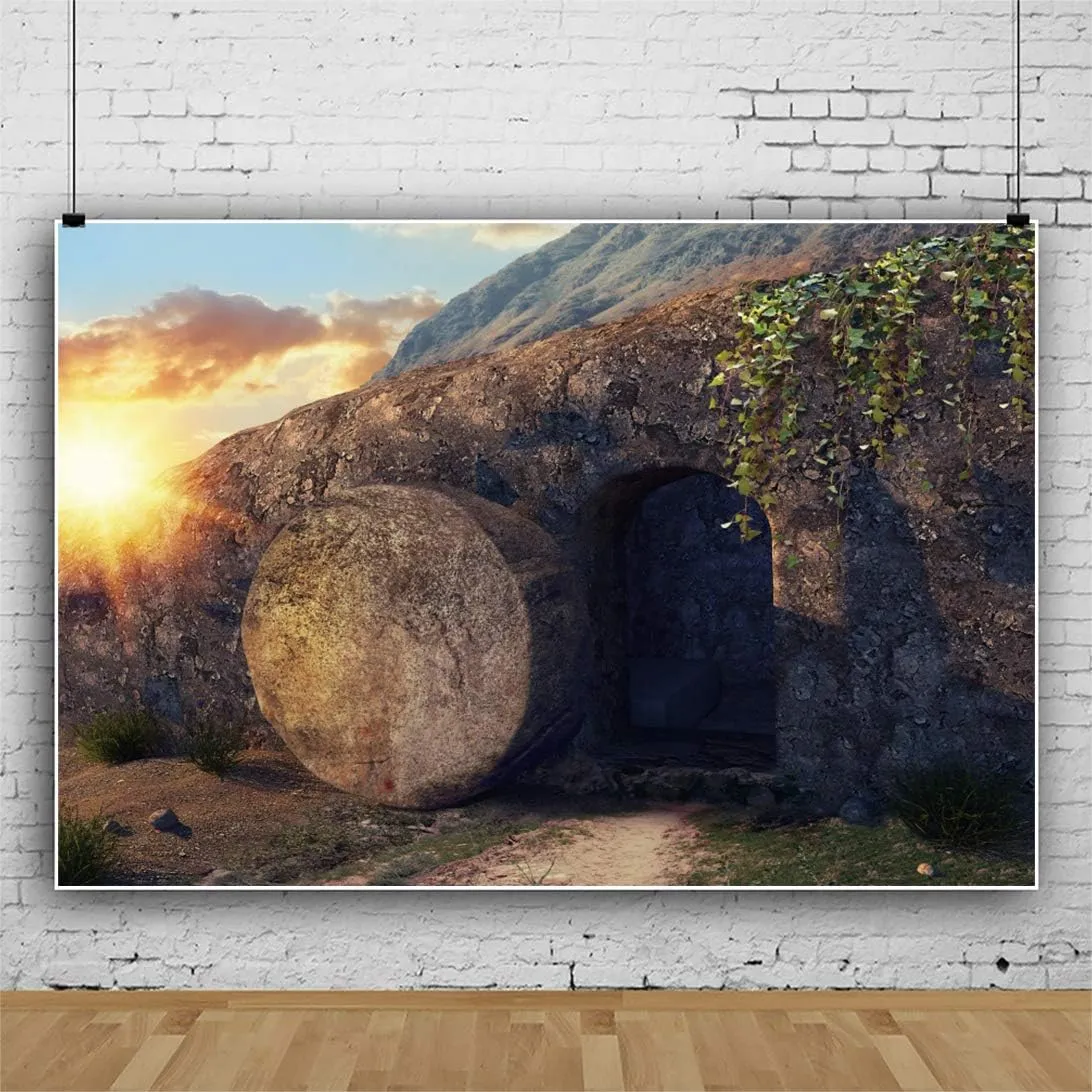 Laeacco Jesus is Risen Backdrop 7x5ft Crucifixion at Sunrise Photography Background Stone Tomb Nature Scenery Mountain Morning Clouds Christianity Bible Pary Holy Night Photo Prop Studio Video