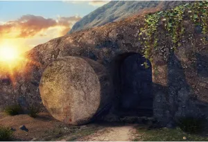 Laeacco Jesus is Risen Backdrop 7x5ft Crucifixion at Sunrise Photography Background Stone Tomb Nature Scenery Mountain Morning Clouds Christianity Bible Pary Holy Night Photo Prop Studio Video