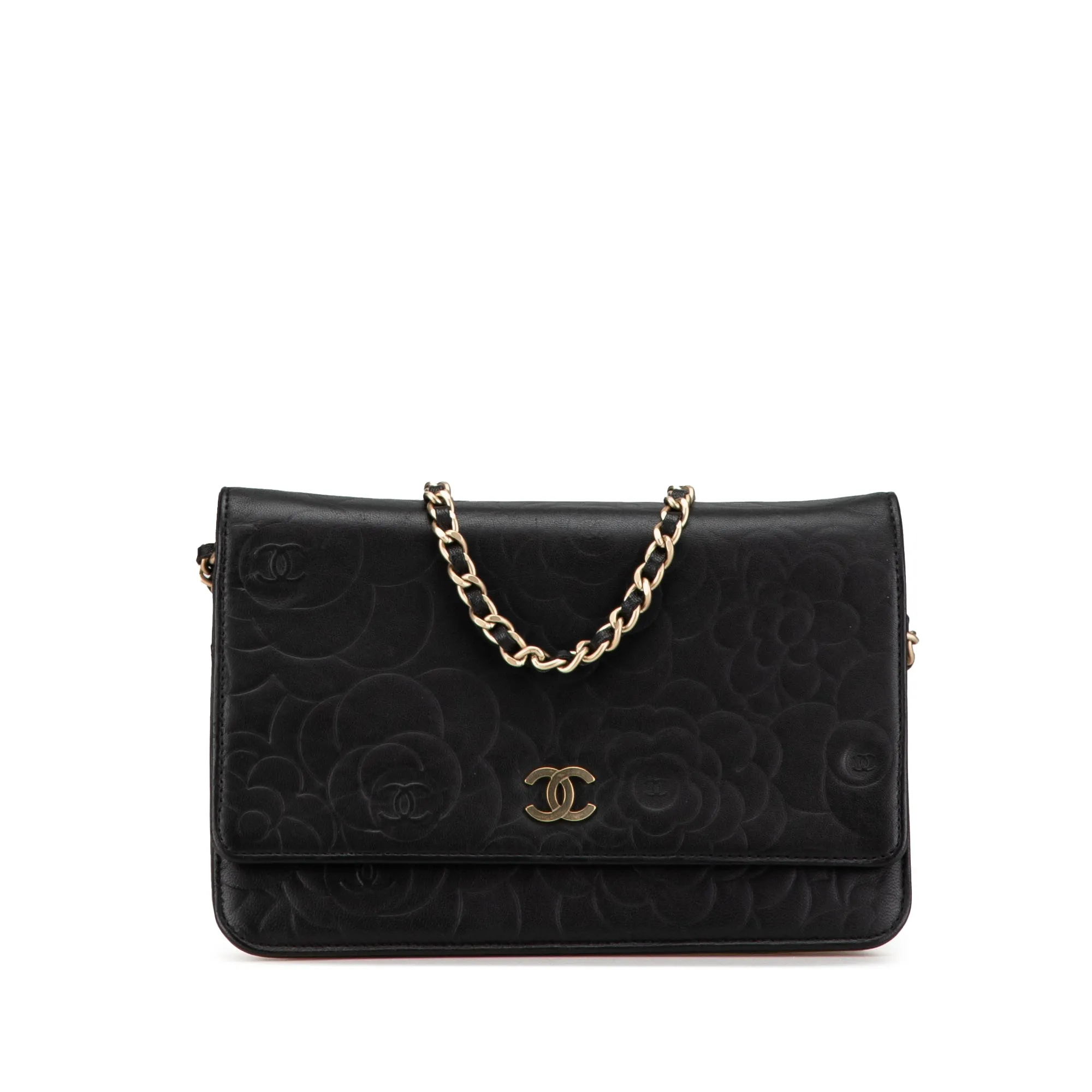 Lambskin Camellia Embossed Wallet On Chain