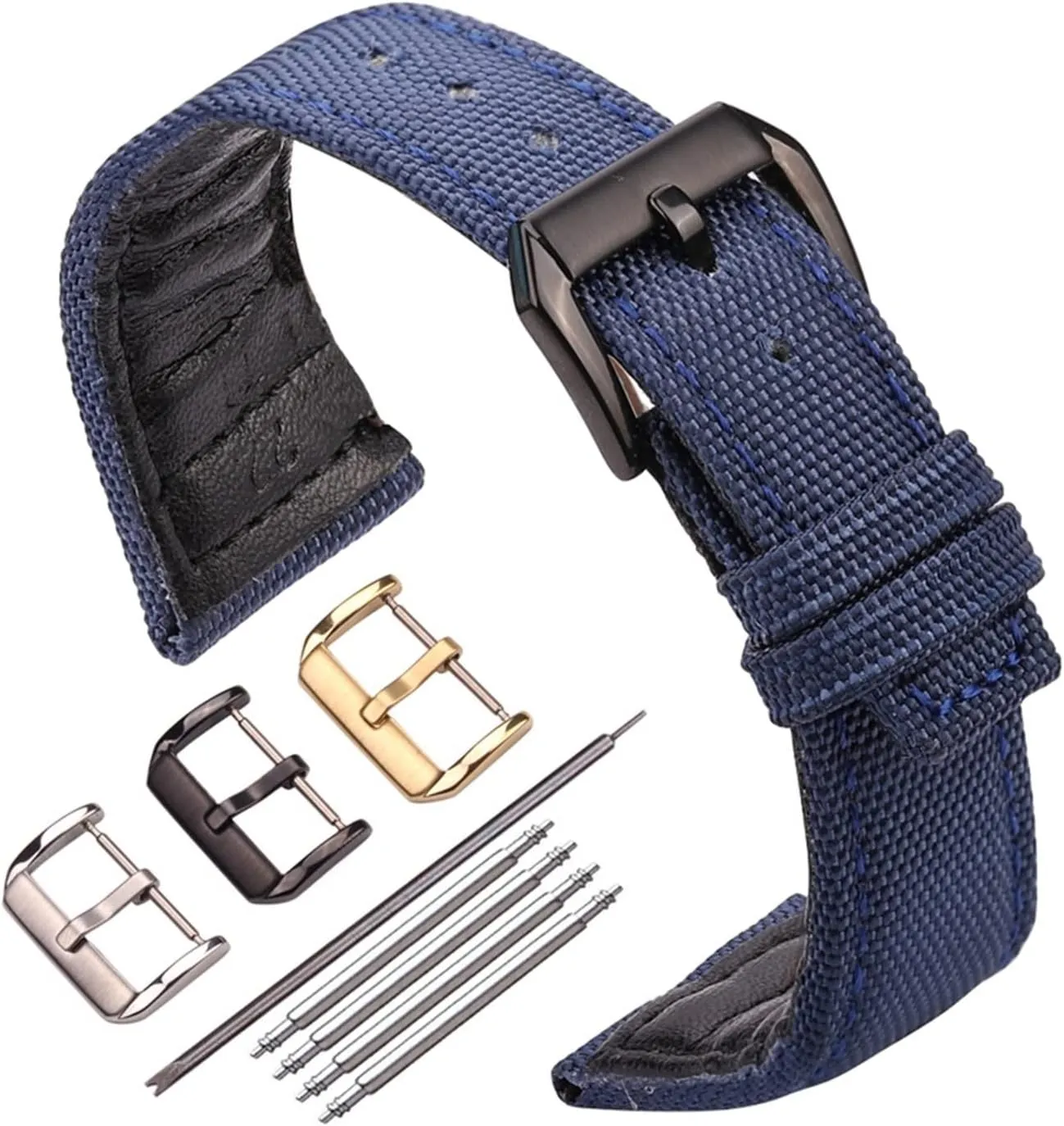 LAnGSHAW Canvas Nylon  Leather Watchband 20mm 21mm 22mm Black Green Blue Women Men Watch Band Strap with Pin Buckle (Band Color : Blue Silver Buckle, Band Width : 21mm)