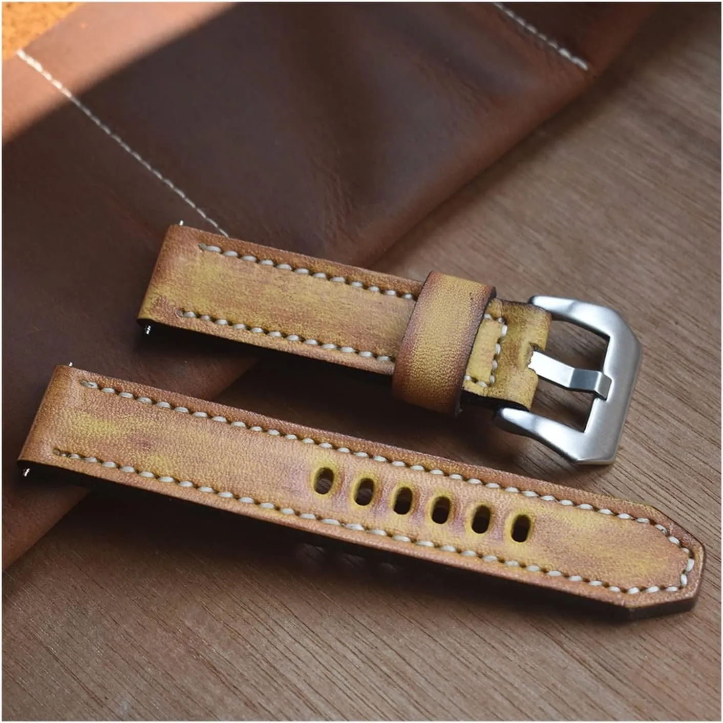 LAnGSHAW Leather Watchbands Yellow Watch Band Strap for Belt Stainless Steel Polished Buckle 18 20 22 24mm (Band Width : 22mm)