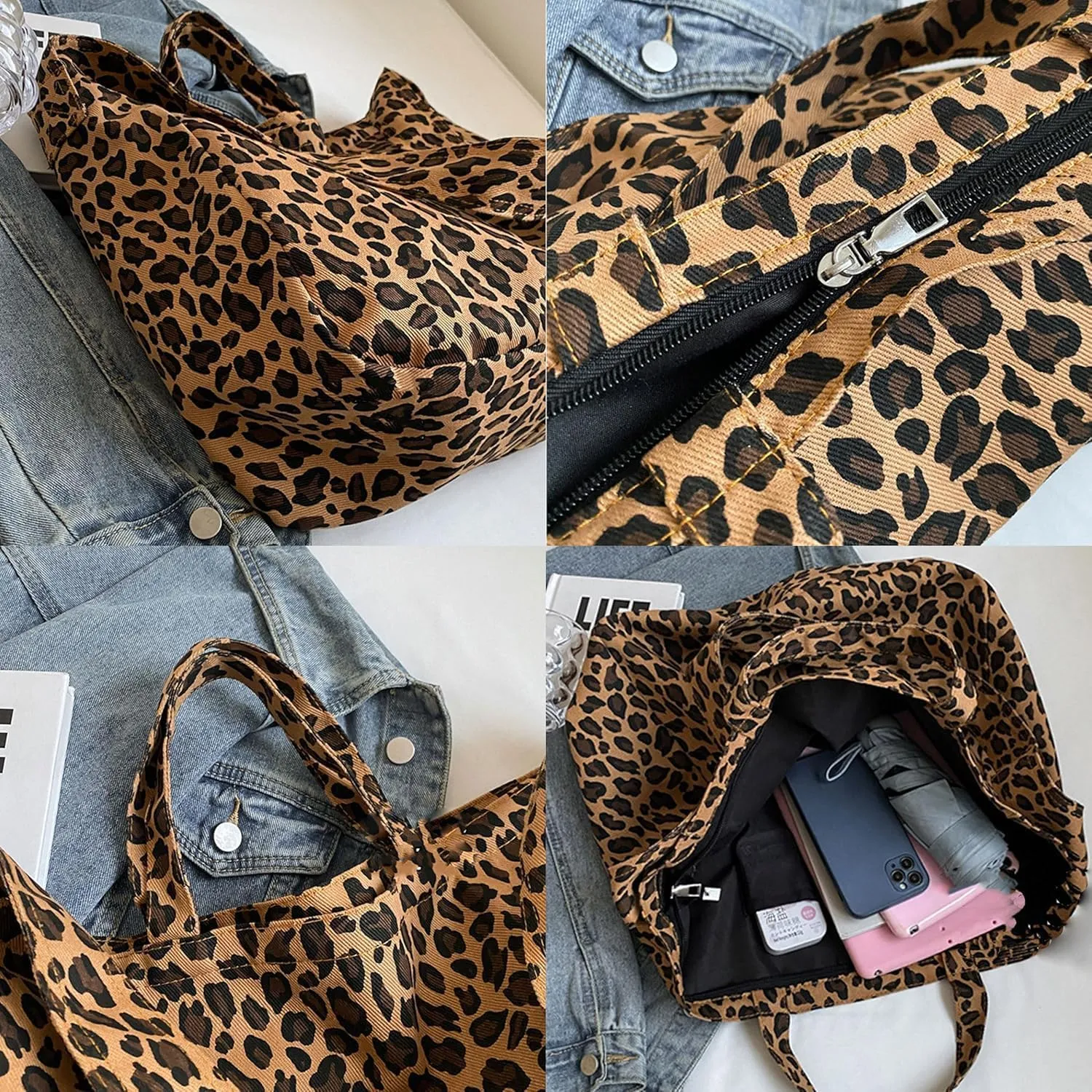 LAPRBY Leopard Print Large Canvas Tote Bag Cute Tote Bag Canvas Crossbody Bags for Women Large Purses for Women